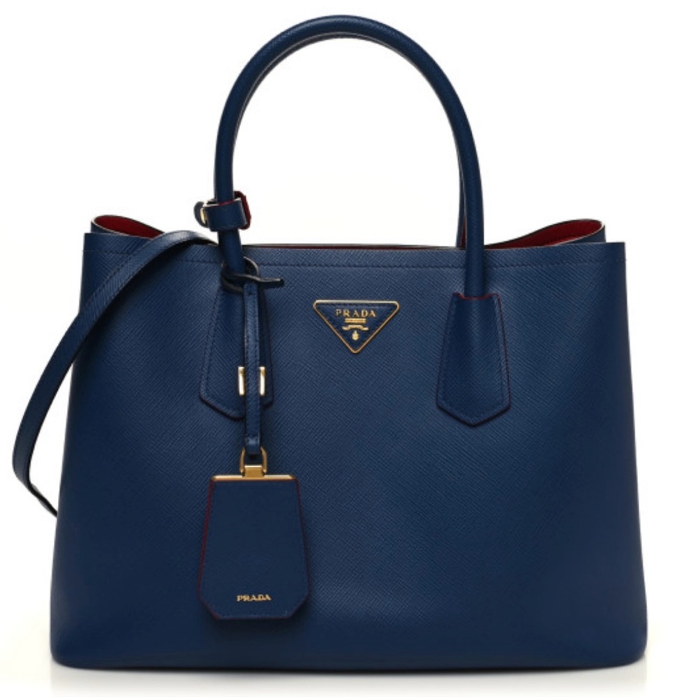 PRADA Saffiano Cuir Small Double Handle Tote in blue with red interior. Used.